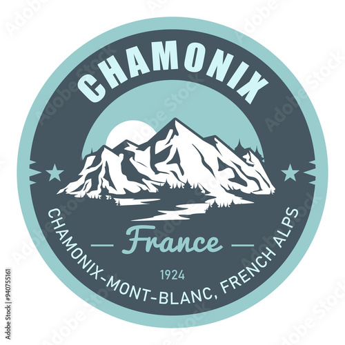 Chamonix Mont Blanc stamp, resort in French Alps, Mont Blanc, emblem with snow covered peaks, vector