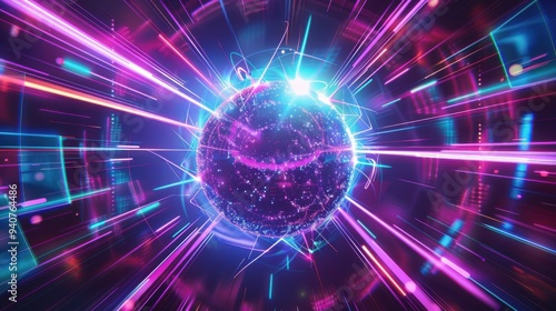 A dynamic EDM party illustration with a central glowing neon sphere, surrounded by swirling light trails, geometric shapes, and abstract patterns that radiate outwards, giving a sense of energy and