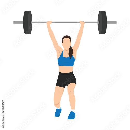 Man doing barbell over head and lunging while doing split jerk. Flat vector illustration isolated on white background