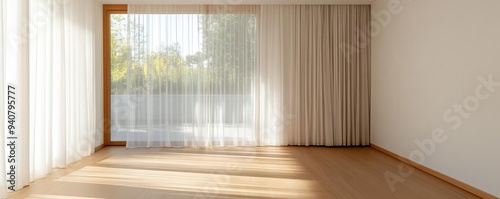 Minimalist bedroom with floor-to-ceiling windows and sheer curtains, natural light, open space