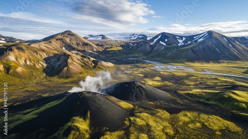 Aerial footage shows Landmannalaugar's vibrant volcanic landscape with steam and snow-capped mountains.