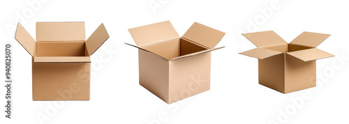 A collection of open cardboard boxes isolated on a transparent background, ideal for packaging, shipping, and moving concepts