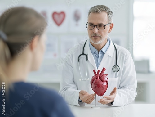 Cardiologist Educating Patient on Heart Attack Prevention in Bright Clinic Setting with Heart Model and Medical Posters in Background