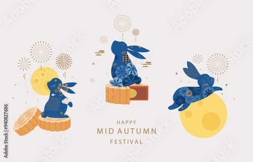 mid-autumn festival background with rabbit,mooncake,moon .vector for horizontal design