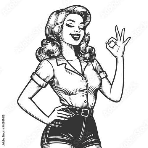 pin-up girl in a plaid shirt and shorts, giving the OK okay sign, retro charm and positivity sketch engraving generative ai vector illustration. Scratch board imitation. Black and white image.