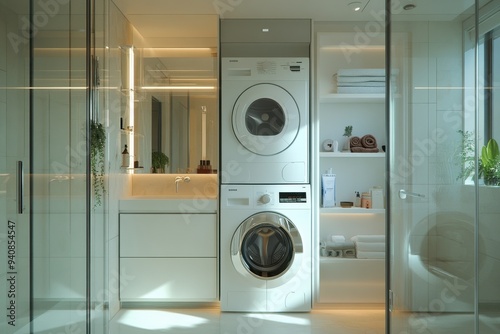 A white washer and dryer are in a bathroom