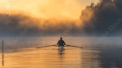 A single rower gliding through calm waters at sunrise, surrounded by mist and the soft glow of dawn