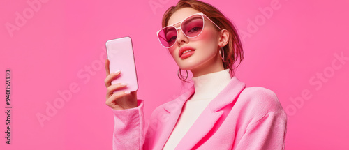 A fashionable woman displaying a smartphone against a soft pink background, embodying influencer marketing, trendy social media aesthetics