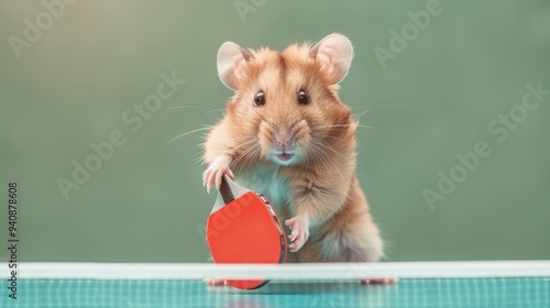 A cute hamster skillfully holds a ping pong paddle, showcasing its playful spirit and adorable personality.