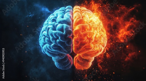 Vivid illustration of a human brain showing contrast between the left and right hemispheres, depicting creativity and logic.