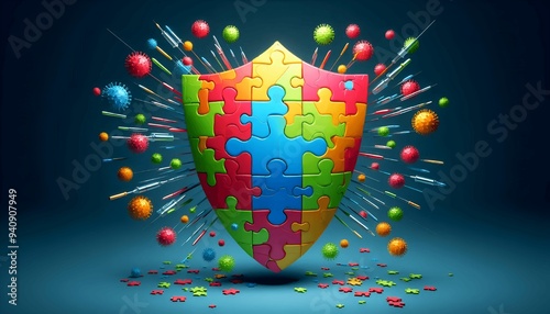 a fortified shield composed of colorful puzzle pieces, symbolizing the organization and collective effort required for measles prevention