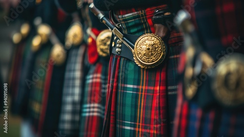 A focused shot on the tartan patterns of kilts, showing the unity and diversity of Scottish culture at a traditional event.