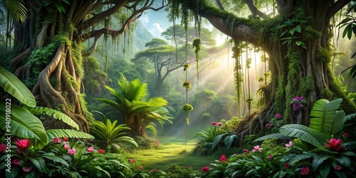 Lush jungle scene with ancient tree, vines, and tropical flowers on background , Tropical, Jungle, Tree, Vines, Flowers