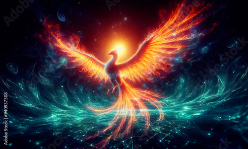 A majestic phoenix reborn from digital ashes in a blaze of holographic flames