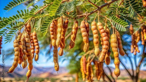 Close-up of ripe edible mesquite beans hanging from a tree in the Mojave Desert, California, USA , mesquite, beans, edible, tree