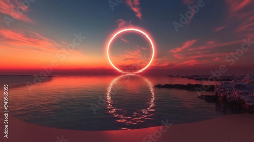 A stunning solar eclipse occurs as the sun sets over a calm ocean, casting vibrant colors across the sky and reflecting onto the water