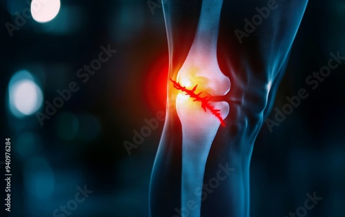 Xray view of a human knee with a glowing red fracture line, Pain, Visual representation of a bone fracture