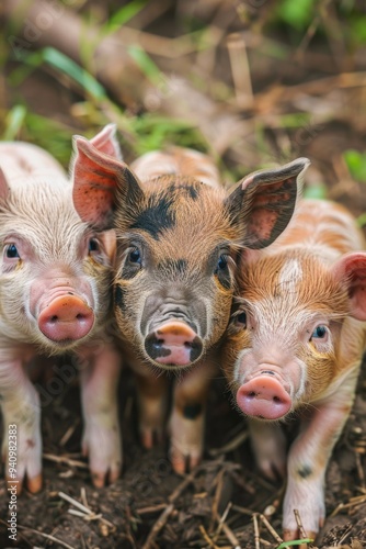 A trio of little pigs standing side by side, a snapshot moment of friendship and unity