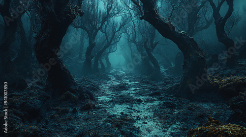 A spooky, eerie, and mystical landscape of a haunted dark forest at night, perfect for fantasy, horror, and Halloween themes.