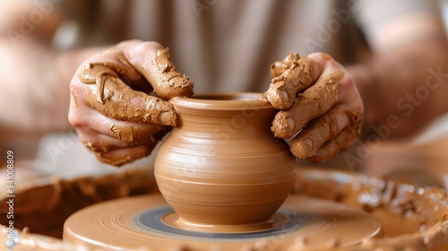 A close-up of a potter's hands shaping wet clay on a spinning wheel, capturing the craftsmanship and artistry involved in pottery making.