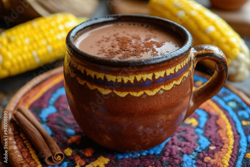 Mexican Champurrado, Atole De Cacao. Corn Chocolate Hot Spicy Drink With Cinnamon