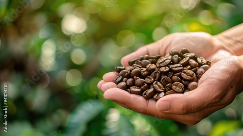 Farmer holding roasted coffee beans in plantation