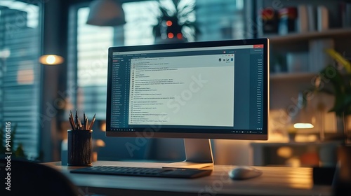 Closeup of a computer screen displaying an email inbox with new messages, illuminated by morning light, digital start to the workday