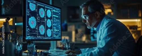 A scientist in a darkened lab, illuminated by the glow of a computer screen displaying cancer cell data, Focused research, cancer pathology