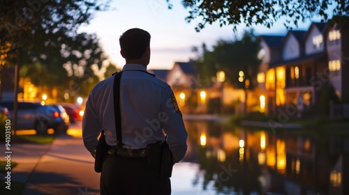 Security service guard patrolling a residential community in the evening.