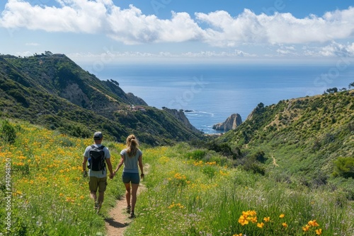 A couple enjoying a scenic hike on one of Catalina Island many trails, surrounded by lush greenery, wildflowers, and panoramic views of the ocean