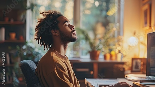 A person practicing mindful breathing exercises at their desk, promoting focus and reducing stress.