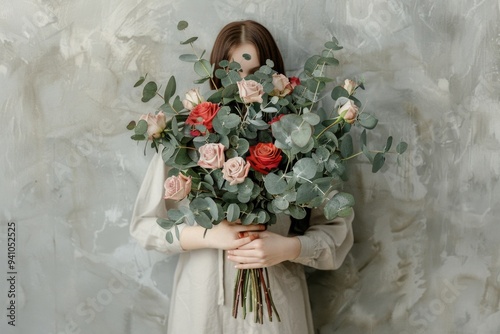 A woman holds a bouquet of flowers in front of her face, possibly to hide or conceal herself