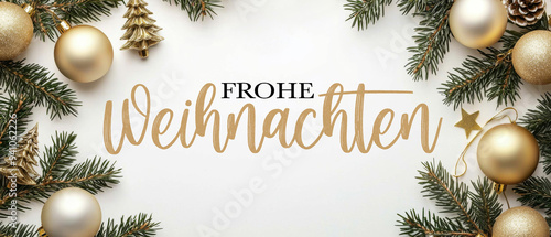 Frohe Weihnachten, festliche Grußkarte mit deutschem Text - Rahmen Dekoration mit goldene Christbaumkugeln Ornamenten und Tannenzweigen, isoliert auf weißem Papier Tisch Hintergrund, Draufsicht