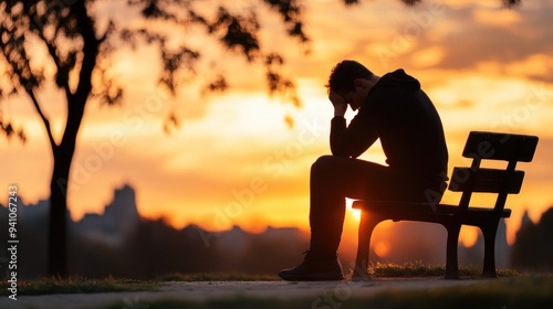 Man sitting on a park bench at dusk, his expression reflecting deep sadness and disappointment