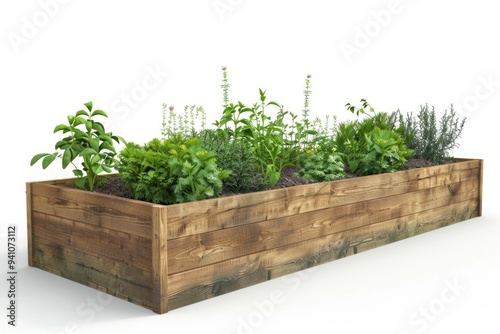 A wooden planter filled with various plants and flowers