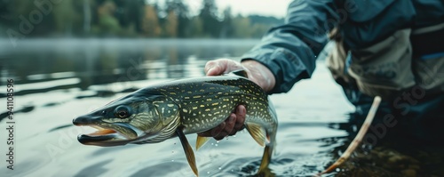 Angler Holding a Northern Pike Fish at Sunset in Water.