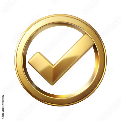 Golden Checkmark Icon Inside Circle, isolated on white transparent background, png element