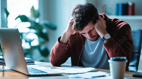 A person receiving a job rejection email, slumping over their desk in disappointment, symbolizing the emotional impact of unemployment and job market struggles.