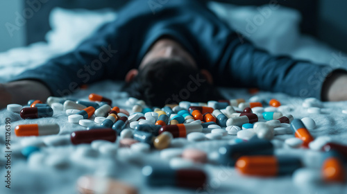 A person lying awake in bed, surrounded by empty pill bottles, representing the struggle with insomnia and reliance on medication, symbolizing mental health challenges.