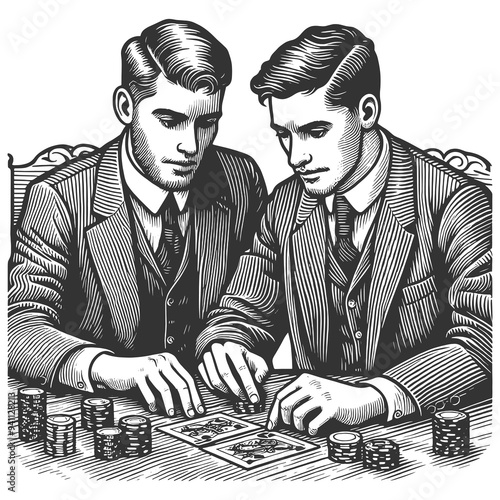 two men in suits and hats playing cards, focused on their game, classic gambling scene sketch engraving generative ai raster illustration. Scratch board imitation. Black and white image.