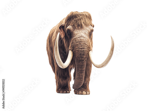 Woolly mammoth with long tusks and thick fur, isolated on white background. PNG transparent.