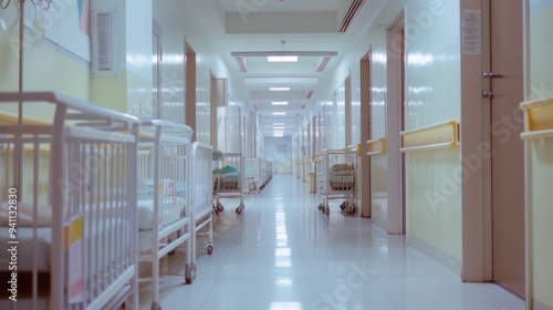 A long, empty corridor of a hospital, illuminated by soft natural light, with neatly arranged baby cribs and medical equipment along the walls.