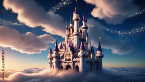 A large purple-roofed castle standing high above the clouds, as if floating in the sky, surrounded by mist, on a starry night, it is very beautiful.