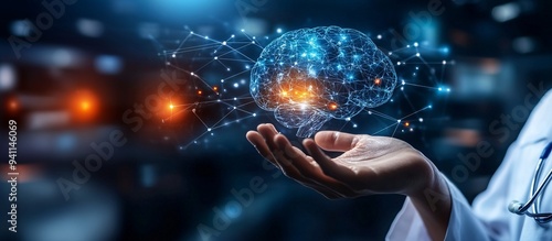 A medical professional using AI-powered tools to enhance patient care and improve outcomes Stock Photo with copy space