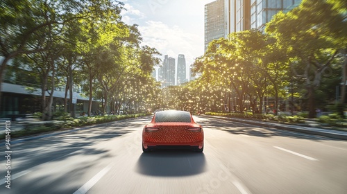 An autonomous vehicle navigating through a busy city street with sensors and AI systems ensuring safe travel Stock Photo with copy space