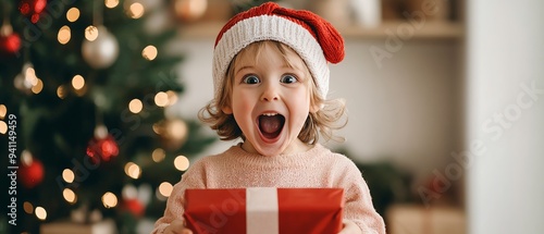 A closeup of a child s excited face as they open a Christmas gift, with a warmly lit tree in the background christmas background family warmth concept.