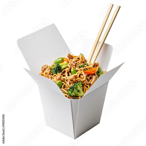 Takeout box with tasty Asian noodle dish, chopsticks, and vegetables. Concept of quick and convenient meal, to go food, fusion cuisine, Asian fusion