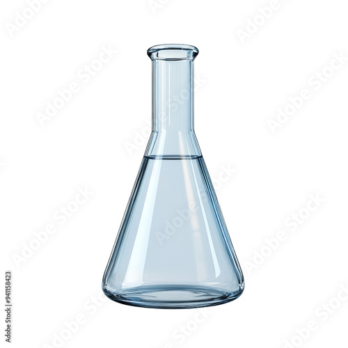 Transparent glass Erlenmeyer flask with a small amount of liquid, perfect for laboratory and scientific experiments.