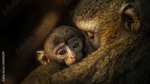 Adorable baby monkey holding onto mother ideal for heartwarming primate-themed images