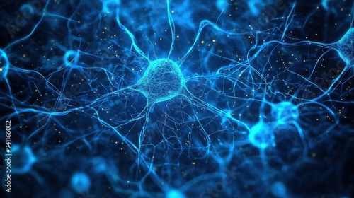 Abstract Neural Network, Blue Neuron with Intricate Connections, Scientific Background